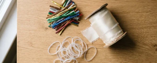 Assortiment d'attaches twist colorées, bolduc satin et bagues élastiques posés sur une surface en bois clair