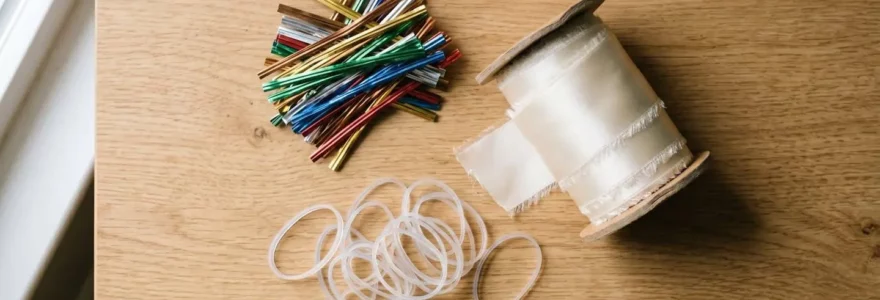 Assortiment d'attaches twist colorées, bolduc satin et bagues élastiques posés sur une surface en bois clair