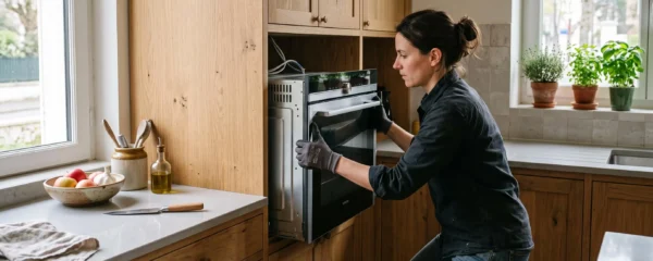 Une personne glisse un four encastrable dans la niche d'un meuble de cuisine.