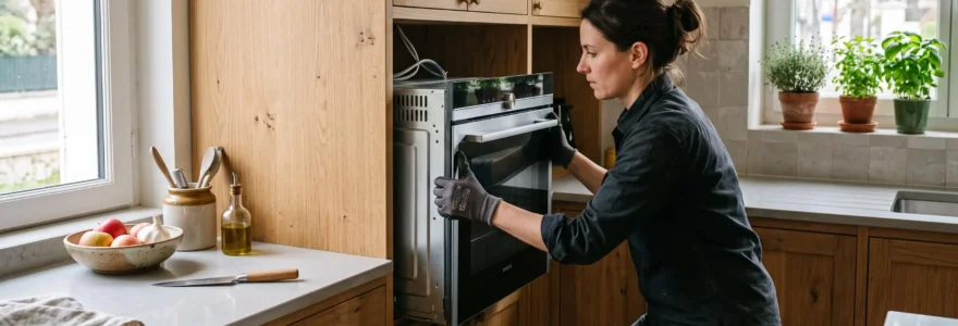 Une personne glisse un four encastrable dans la niche d'un meuble de cuisine.