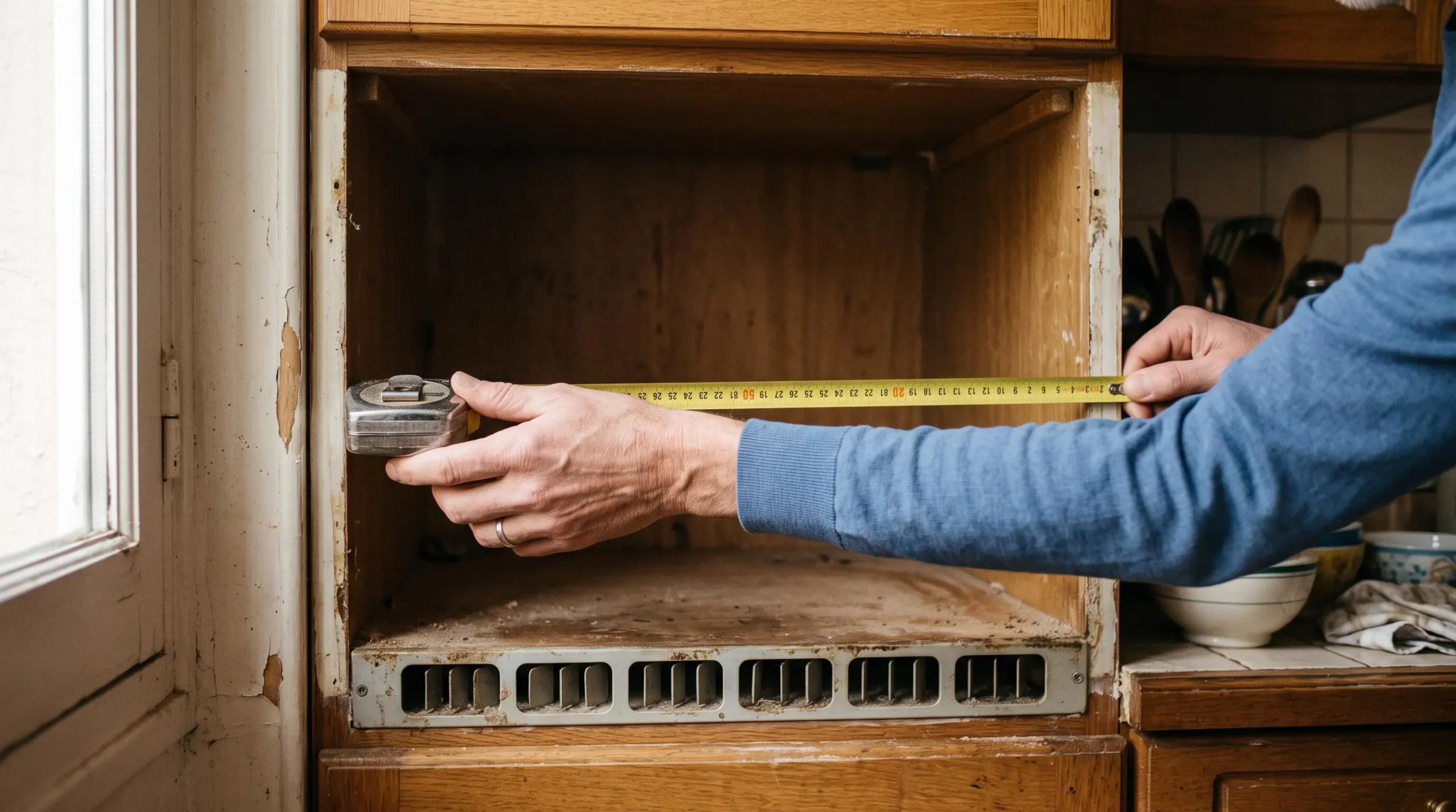 Des mains mesurent la largeur d'une niche de meuble avec un mètre ruban.
